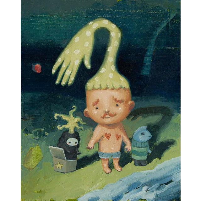 Let's Try This Water Together by Nadezda | Oil on Panel Child with unusual hair and two whimsical creatures. For Sale