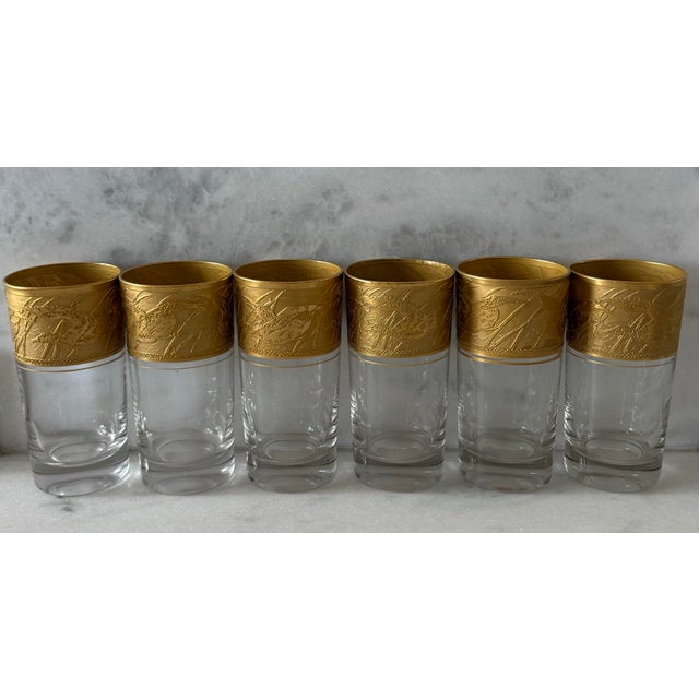 Set of 6 vintage tall glass tumblers with duck scene etched gold design at the top. These are from Cambridge's non-...