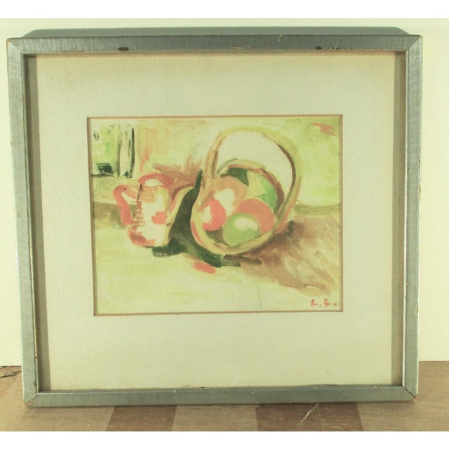 Vintage wash study of a still-life of fruit baskets. Happy little artwork by the artists and given to a friend with a very...