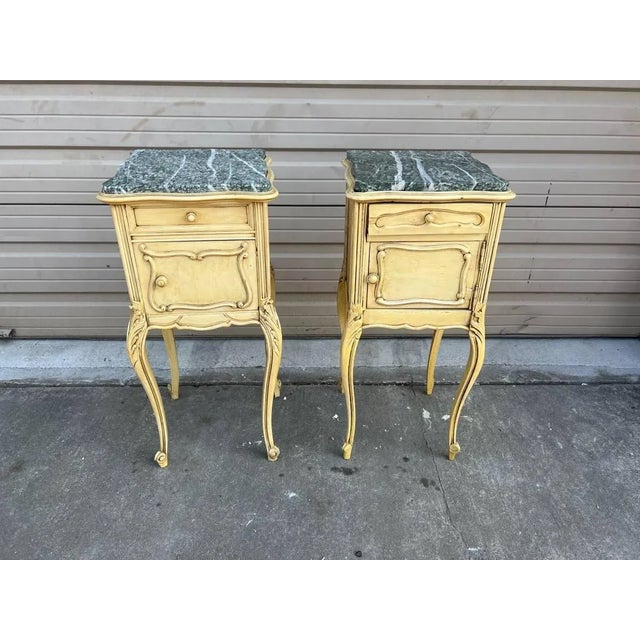 Pair Louis XV Style Enamel Painted Marble Top Side Tables Circa 1900 For Sale - Image 9 of 13