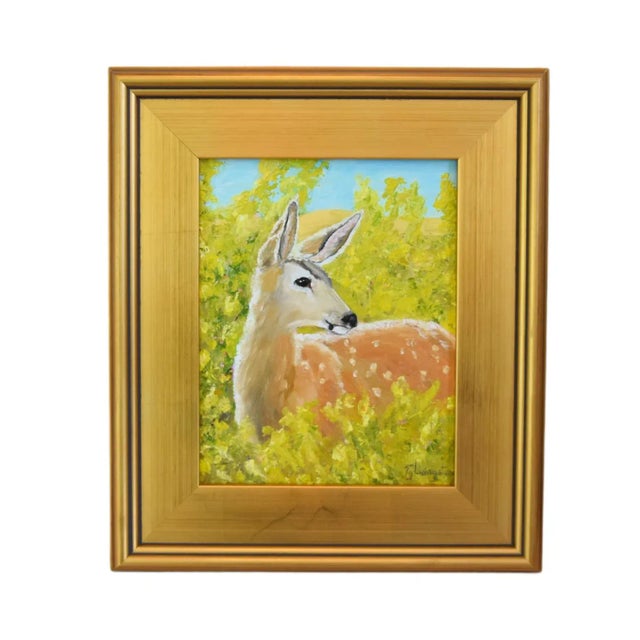 2020s Fawn Deer Wildlife Nature Portrait Landscape Oil Painting Including the Antiqued Gold Wood Frame For Sale - Image 5 of 7