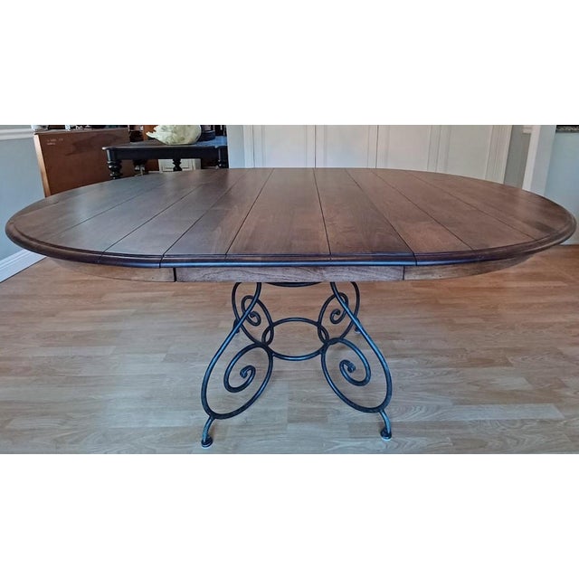 Ethan Allen Refinished Round Dining Table With Iron Metal Base & Leaf