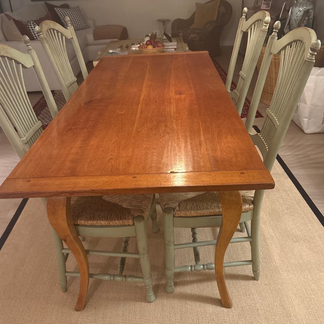 French Vintage Reproduction Hand Finished Waxed Wood Dining Table With 4 Sheaf Back Rush-Seat Chairs For Sale - Image 12 of 12
