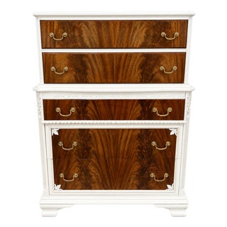 Vintage Bookmatched Flame Mahogany Tall Chest Dresser, Painted White With Brass Hardware For Sale