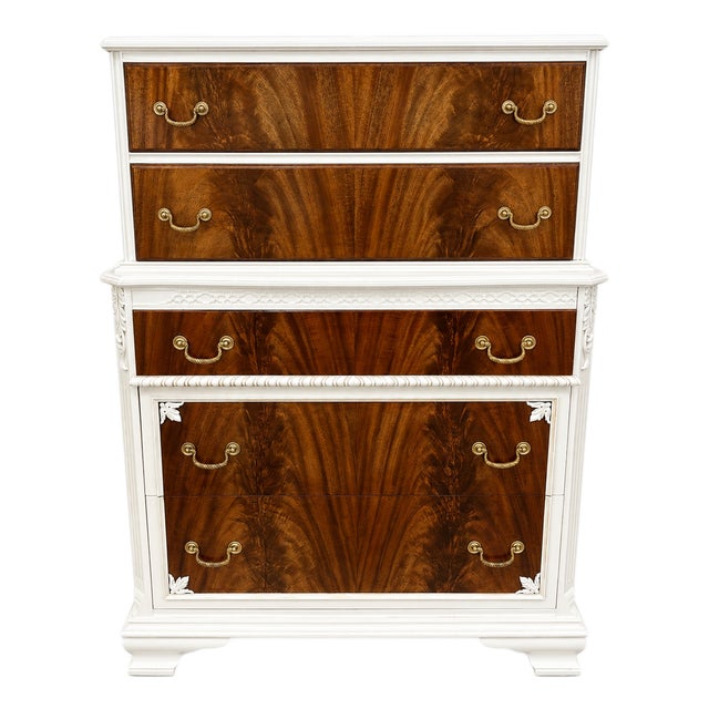 Vintage Bookmatched Flame Mahogany Tall Chest Dresser, Painted White With Brass Hardware For Sale