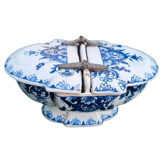 Blue Antique Late 18th Century French Rouen Faience Spice Box with Pewter Mounts For Sale - Image 8 of 8