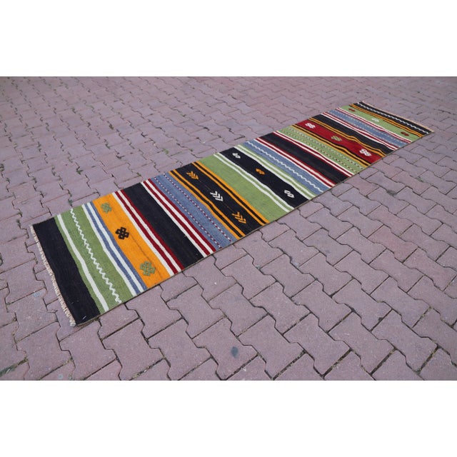 1980s Colorful Striped Mid Century Design Runner Kilim Rug Size: 2.5 x 9.2 ft (75 X 280 cm) 30 x 110 inches Color: Yellow,...
