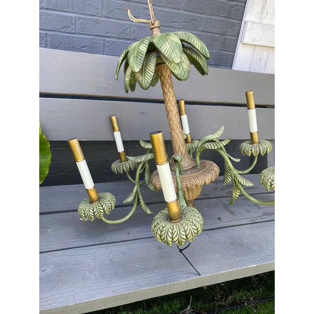 Vintage Tole Metal Palm Beach Tropical Hollywood Regency-Style Tole Palm Tree Chandelier Featuring Green-Painted Metal Fronds and Faux-Candle Arms For Sale - Image 11 of 12