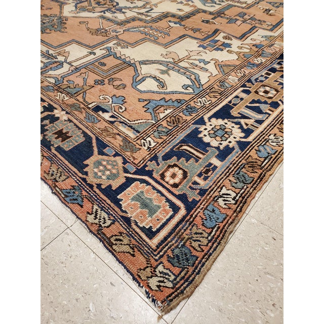 Antique Persian Serapi Carpet, Geometric, Ivory Hand Knotted Wool Oriental Rug For Sale - Image 4 of 18