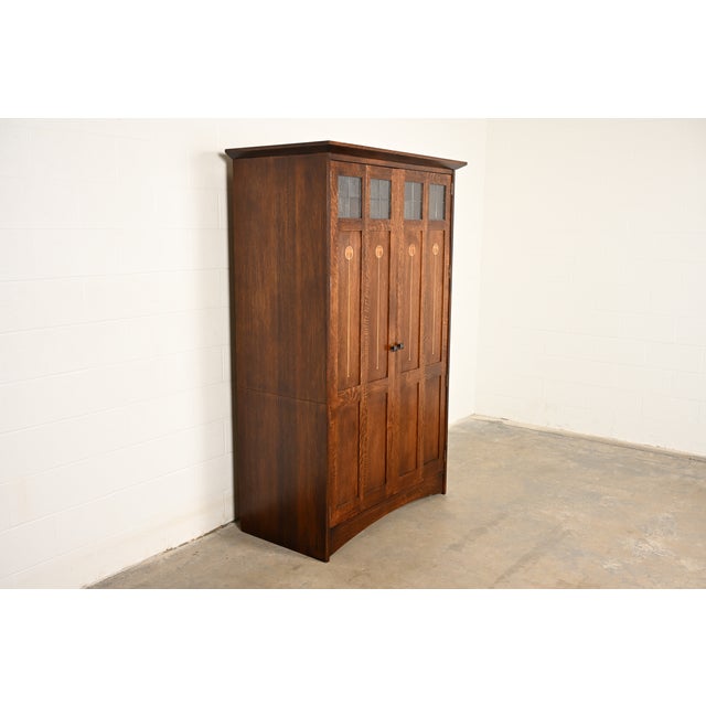 Stickley Stickley Harvey Ellis Collection Mission Arts & Crafts Inlaid Oak and Leaded Glass Armoire or Media Cabinet For Sale - Image 4 of 17