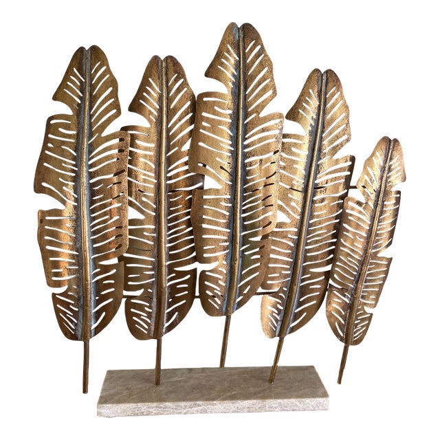 Banana Leaf Metal Sculpture With Distressed Gold Tone Finish Mounted on a Marble Base For Sale
