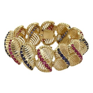 Ruby Sapphires 14k Yellow Gold Large Wide Fancy Link Bracelet Estate For Sale