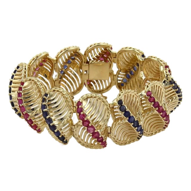 Ruby Sapphires 14k Yellow Gold Large Wide Fancy Link Bracelet Estate For Sale