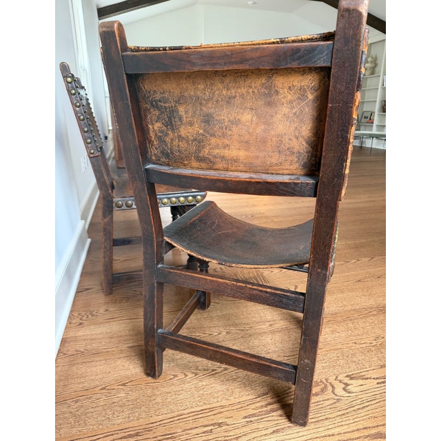 Early 20th Century Spanish Baroque Revival Oak and Leather Side Chairs, a Pair For Sale - Image 11 of 14