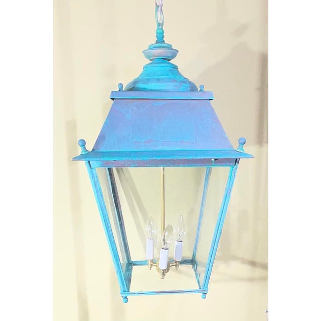 Antique Restored Copper & Brass Hanging Lantern, Hexagonal/Square Fixture For Sale In Miami - Image 6 of 14