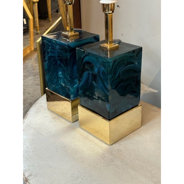 Early 21st Century Pair of Modern Blue Murano Glass and Brass Lamps For Sale - Image 5 of 6