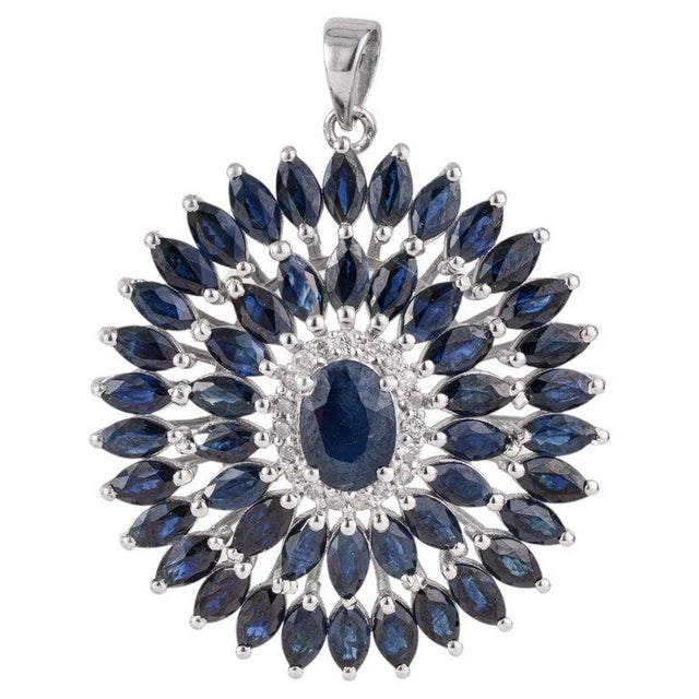 Contemporary 11 CTW Blue Sapphire & Diamond Halo Pendant in 925 Sterling Silver For Sale - Image 3 of 14