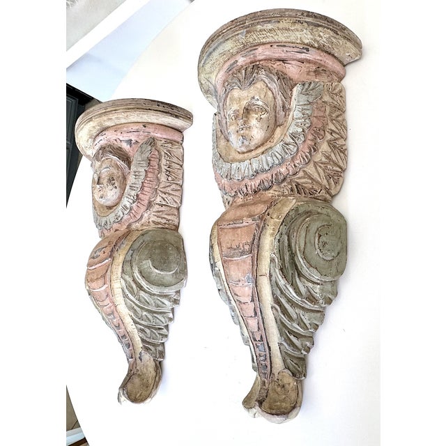 Spanish Pair Spanish Colonial Wood Polychrome Cherub Corbel Wall Brackets For Sale - Image 3 of 17