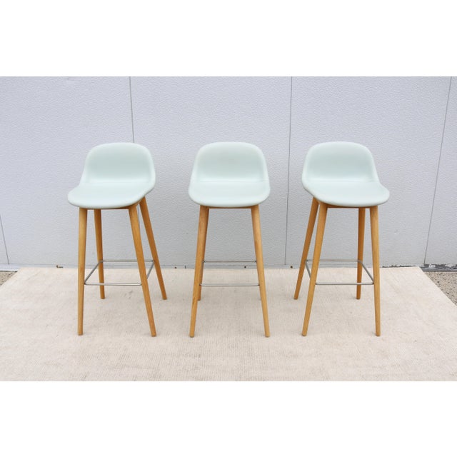 Wood Danish Modern Iskos-Berlin for Muuto Fiber Bar Stools Oak Wood Base - Set of 3 For Sale - Image 7 of 18