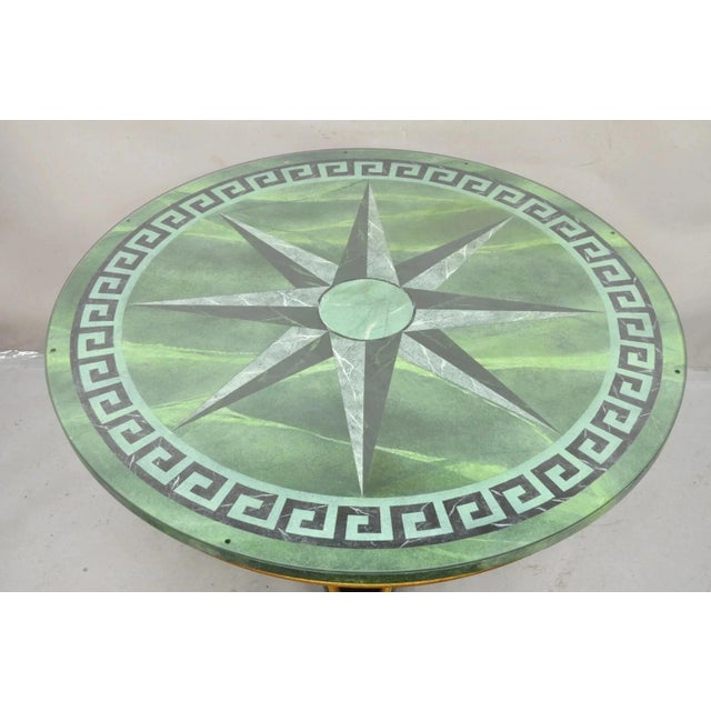 Vintage Maitland Smith French Empire Green Greek Key Sunburst Round Dining Center Table. Item features thick round glass,...