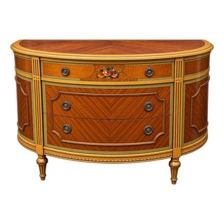 Vintage Neoclassical Louis XVI-Style Demilune Chest With Floral Painted Panel For Sale