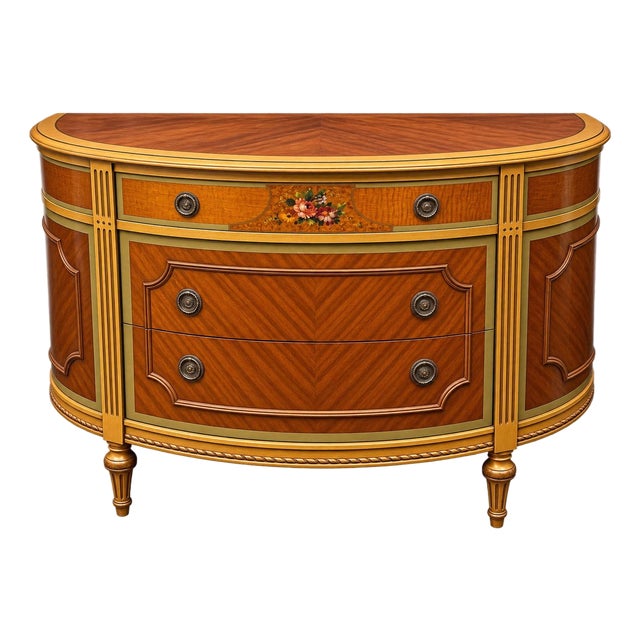 Vintage Neoclassical Louis XVI-Style Demilune Chest With Floral Painted Panel For Sale