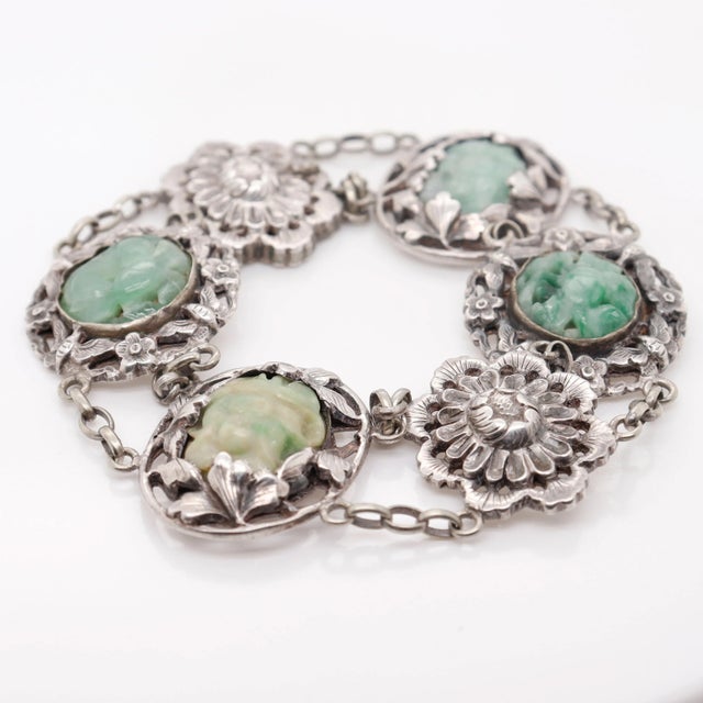 Vintage Signed Art Deco Chinese Sterling Silver & Jadeite Bracelet For Sale - Image 11 of 12