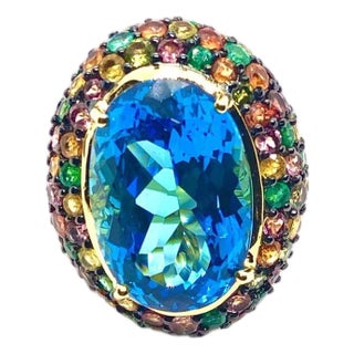 Bochic “Orient” Vintage Tourmaline & Blue Topaz Ring Set 18 K Gold & Silver For Sale