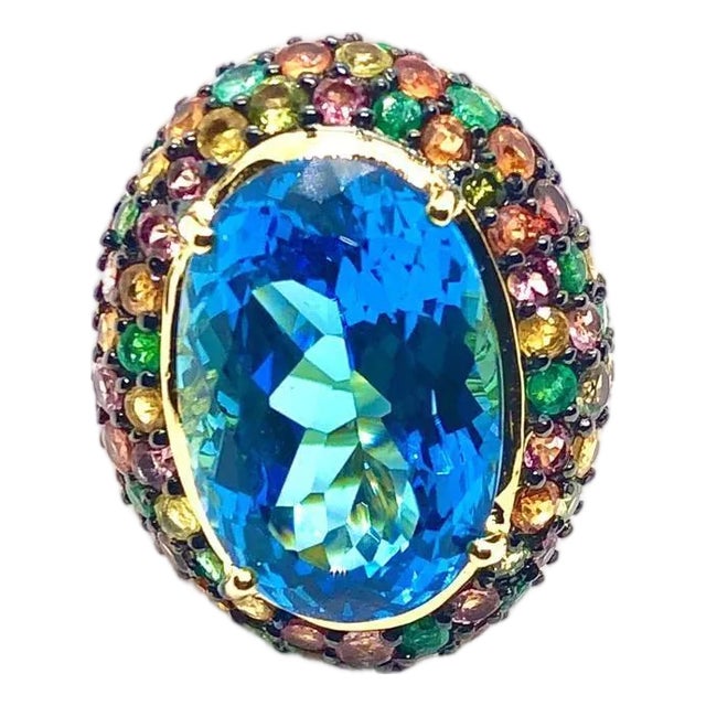 Bochic “Orient” Vintage Tourmaline & Blue Topaz Ring Set 18 K Gold & Silver For Sale