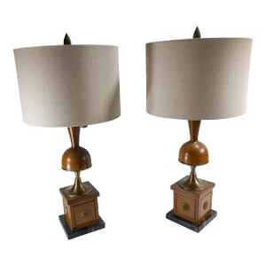 Mid-Century Pair of Hollywood Regency Funky Oak and Metal Table Lamps
