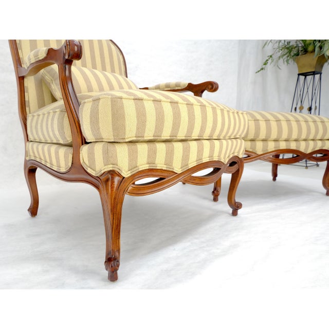 Carved Cherry Frame Stripe Upholstery Lounge Chair w/ Matching Ottoman MINT For Sale - Image 12 of 12