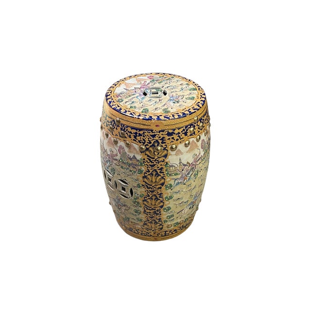 Vintage Oriental Chinoiserie Western Graphic Porcelain Stool Table Ottoman For Sale - Image 4 of 9