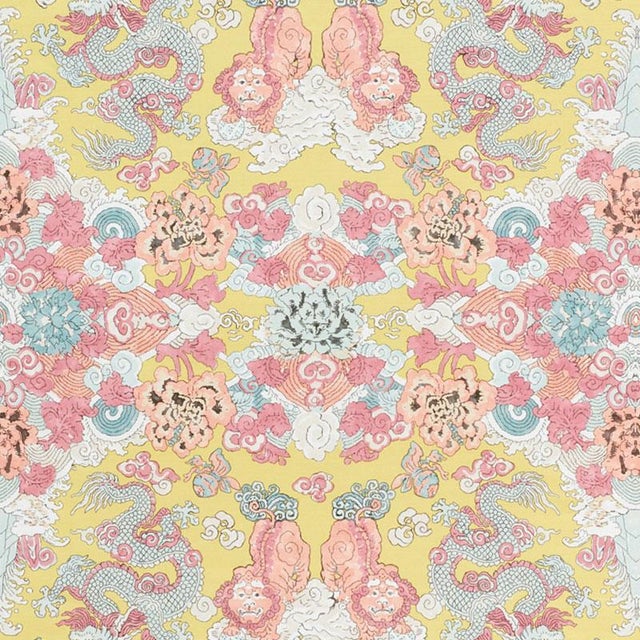 Foo dogs and fire-breathing dragons animate this fantastic, symmetrical print on a linen ground. It's an adventurous and...