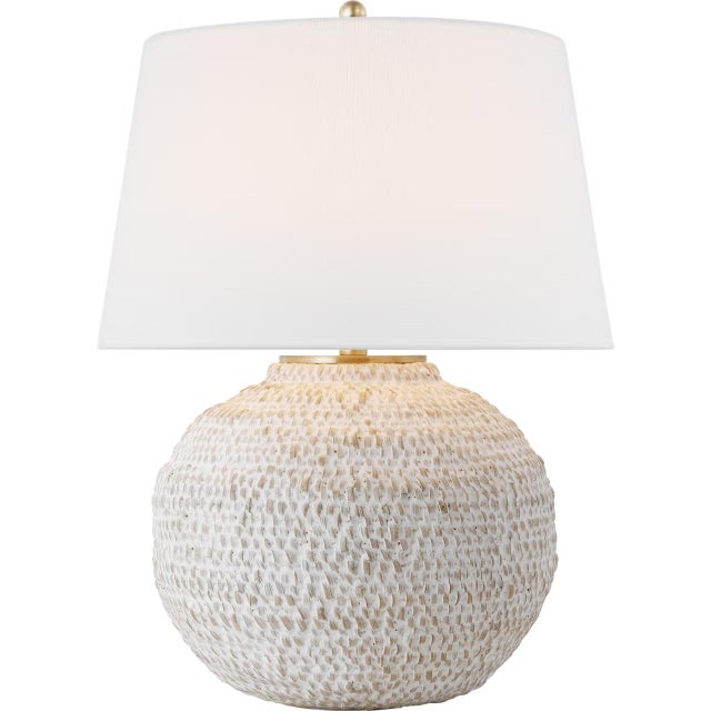 Transitional Marie Flanigan by Visual Comfort Signature Avedon Small Table Lamp in Plaster White Rattan with Linen Shade For Sale - Image 3 of 3