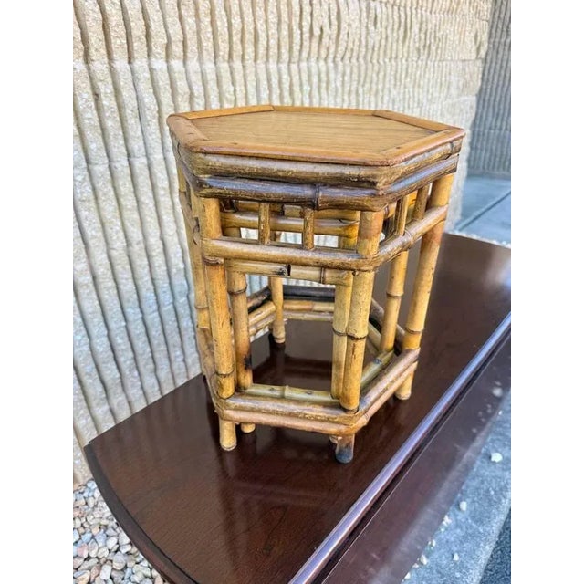Brown Set of 2 Vintage Boho Style Bamboo Wicker Nesting Tables / Plant Tables For Sale - Image 8 of 16