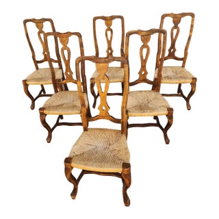 Early 20th Century Italian Rush Seat Distressed Carved Wood Dining Side Chairs - Set of 6 For Sale