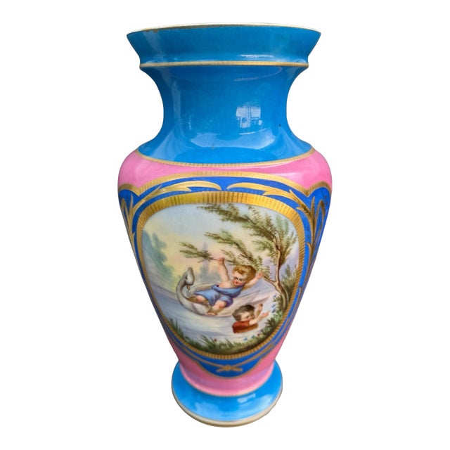 Antique Old Paris Porcelain Scenic 13" Vase Decorated With Playful Children For Sale
