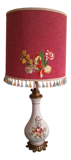 Vintage White Ceramic and Bronze Table Lamp with Colored Flower Decor and Handmade Fabric Shade, 1980s