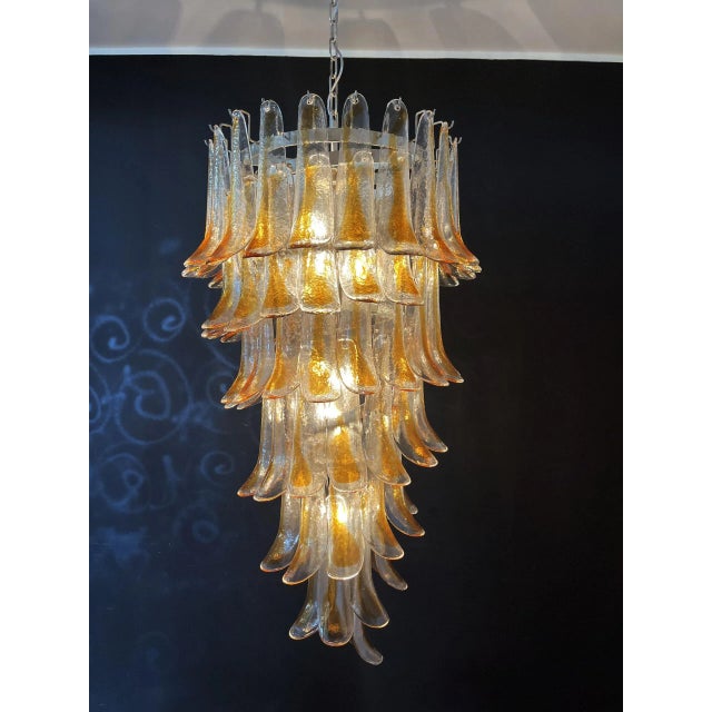 Mid-Century Modern Italian Murano Glass Spiral Chandelier, 83 Amber and Crystal Petals For Sale - Image 3 of 10