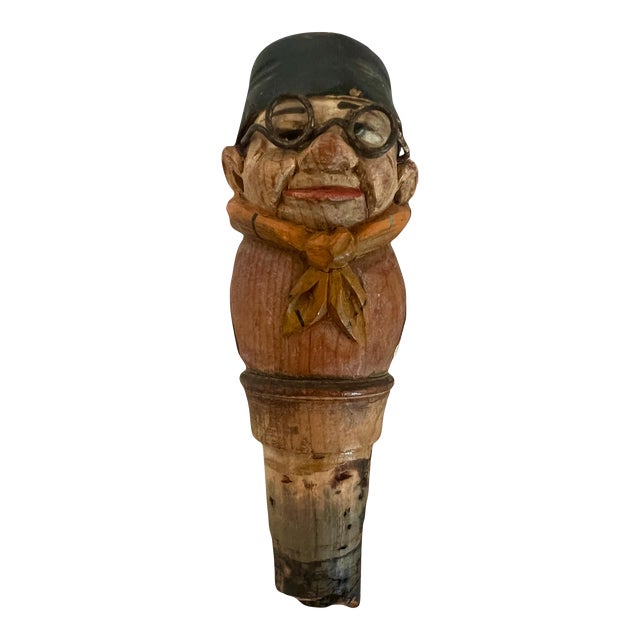 Antique Cork Bottle Stopper in the Form of a Hand Carved Wood Bespectacled Man, German For Sale