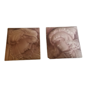 Pair of Late 19th Century Victorian Majolica Portrait Figural Fireplace Tiles