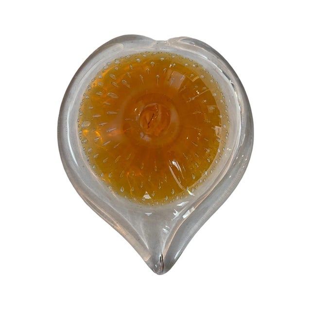 Mid 20th Century Late 20th Century Honey Orange and Transparent Bubble Murano Attributed Art Glass Bowl For Sale - Image 5 of 10