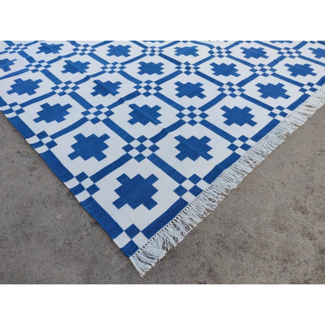 Mid-Century Modern Handmade Cotton Rug, Indigo Blue And White Star Pattern Striped and Cream Fringe - 6'x9' For Sale - Image 3 of 10