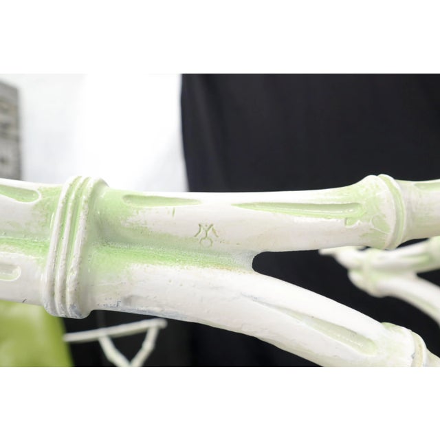 Cast Aluminum Faux Bamboo Dining Table w/ 4 Matching Chairs Outdoors Green Vinyl For Sale - Image 9 of 13