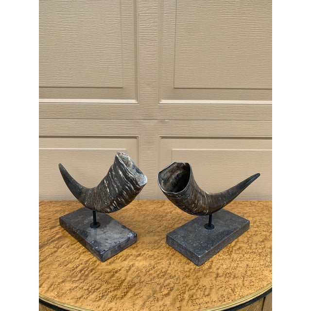 Pair of Vintage Faux Ram Horn Sculptures on Black Marble Bases For Sale - Image 14 of 16