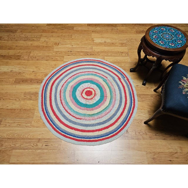 Antique American Braided Round Rug, Handwoven Folk Art, Red & Blue, 4x4 For Sale In Chicago - Image 6 of 8