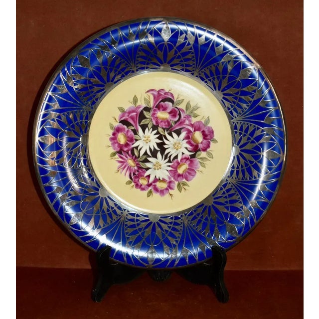 Vintage (1940's) Decoartive Plate Made in Germany. Features: Bone China in a Colbalt Blue w/Silver Overlay & Floral...