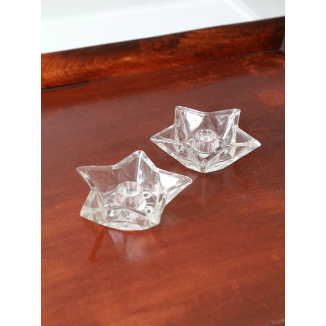 Transparent Vintage Cut Glass Star Shaped Candle Holders Pair For Sale - Image 8 of 11