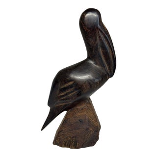 Vintage Carved Dark Wood Pelican Figurine For Sale