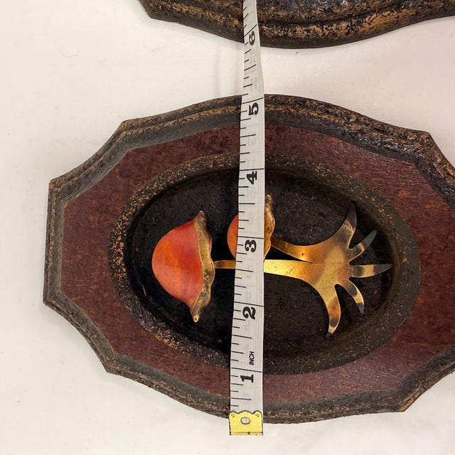 Wood Vintage 3d Mushroom and Leaf Wood Wall Art Plaques Set 2 MCM Nature Metal Decor For Sale - Image 7 of 12